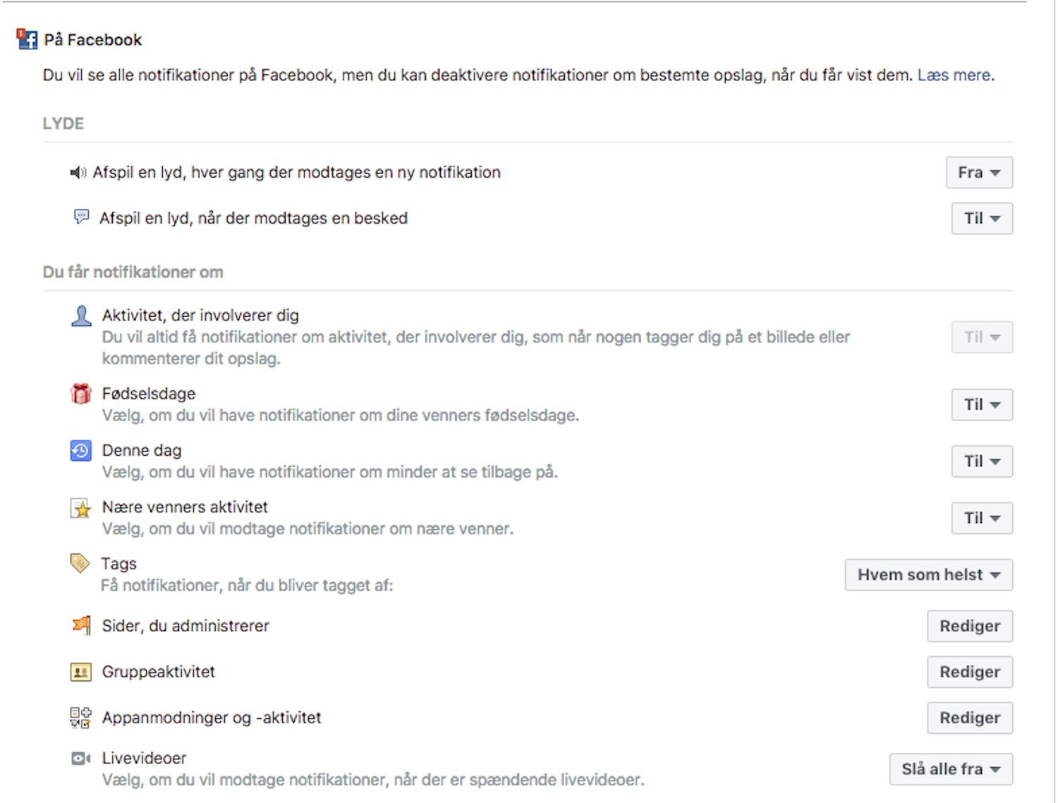Screenshot af Facebooks notifikationsindstillinger